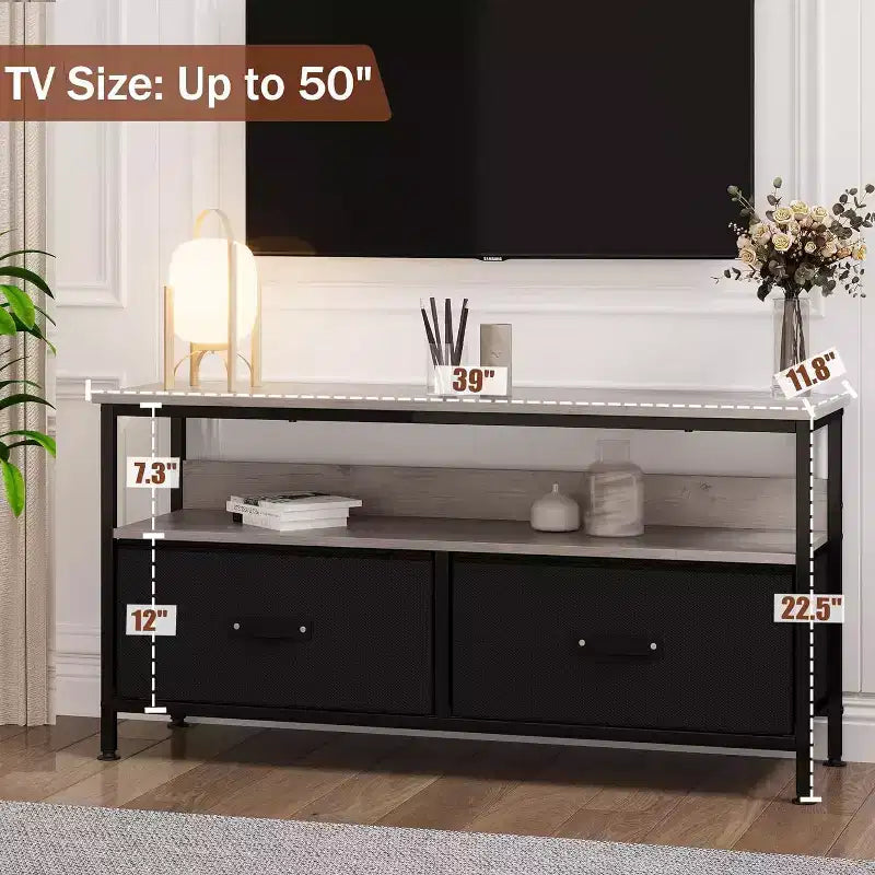 Grey Wood Grain TV Stand with 2 Drawers & Open Shelves, Fits TVs up to 50"
