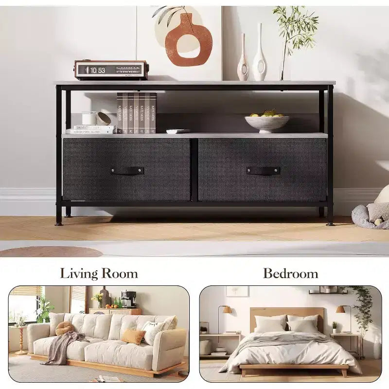 Grey Wood Grain TV Stand with 2 Drawers & Open Shelves, Fits TVs up to 50"