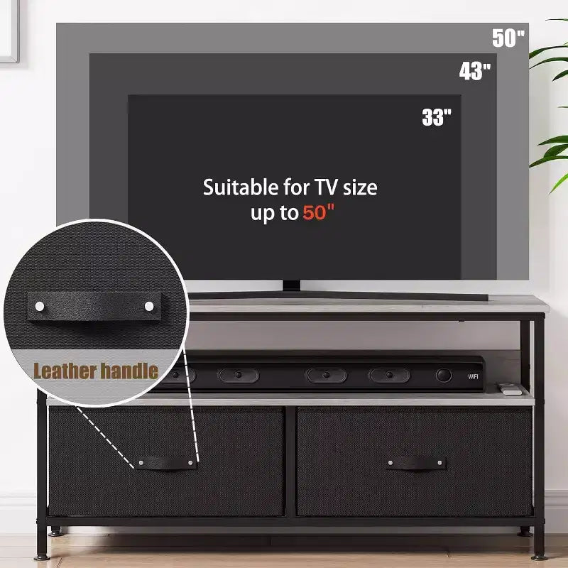 Grey Wood Grain TV Stand with 2 Drawers & Open Shelves, Fits TVs up to 50"