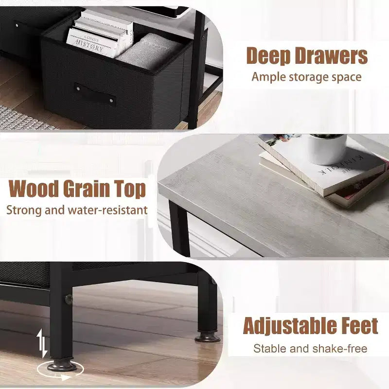 Grey Wood Grain TV Stand with 2 Drawers & Open Shelves, Fits TVs up to 50"