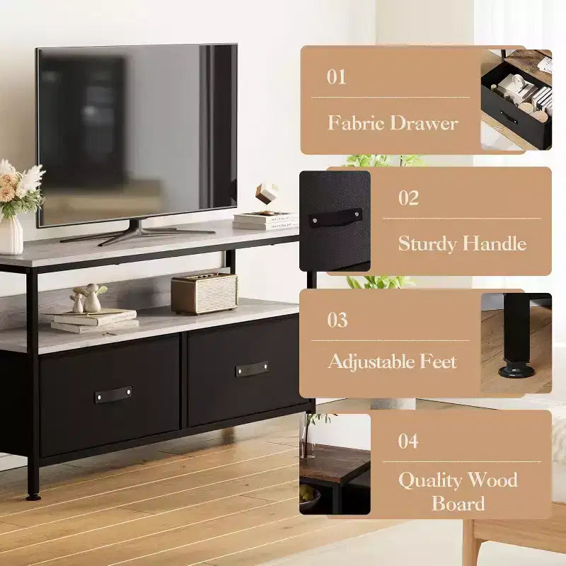 Grey Wood Grain TV Stand with 2 Drawers & Open Shelves, Fits TVs up to 50"