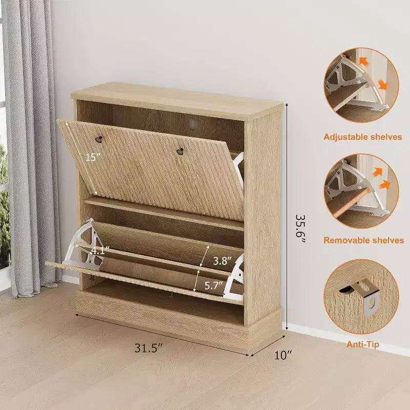 Fluted Shoe Cabinet with 2 Flip Drawers, Black / Natural Oak / Walnut, Holds 16 Pairs