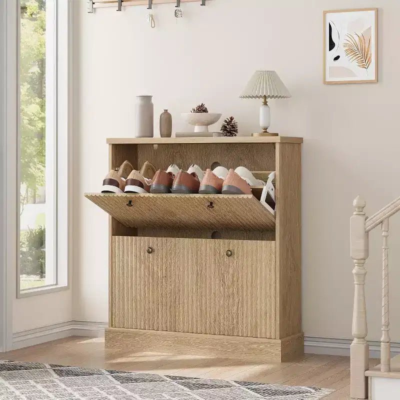 Fluted Shoe Cabinet with 2 Flip Drawers, Black / Natural Oak / Walnut, Holds 16 Pairs