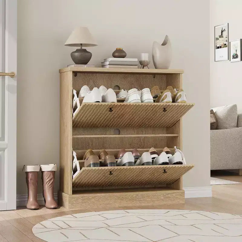 Fluted Shoe Cabinet with 2 Flip Drawers, Black / Natural Oak / Walnut, Holds 16 Pairs