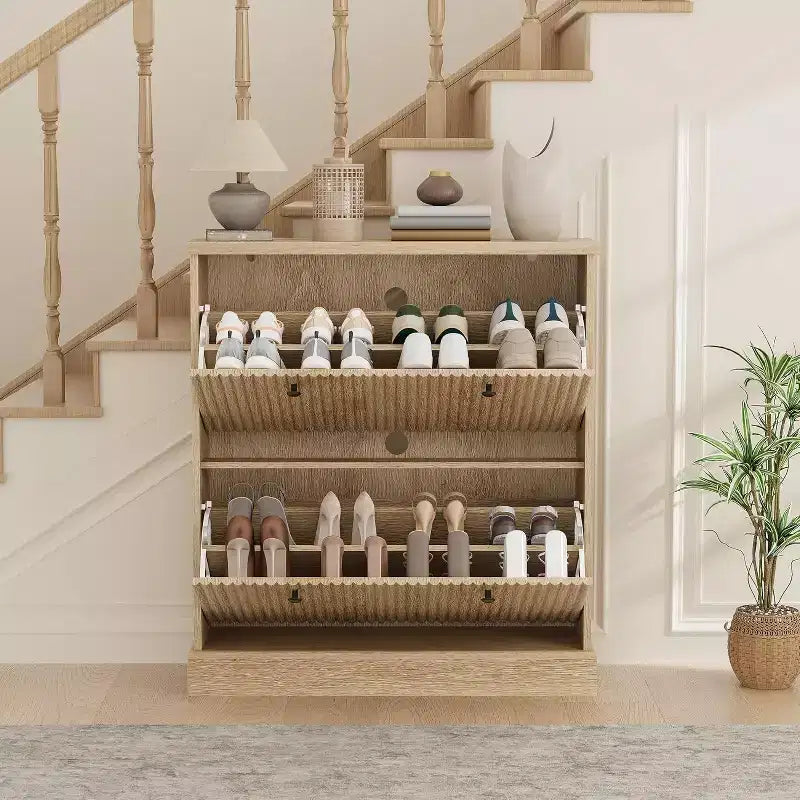 Fluted Shoe Cabinet with 2 Flip Drawers, Black / Natural Oak / Walnut, Holds 16 Pairs