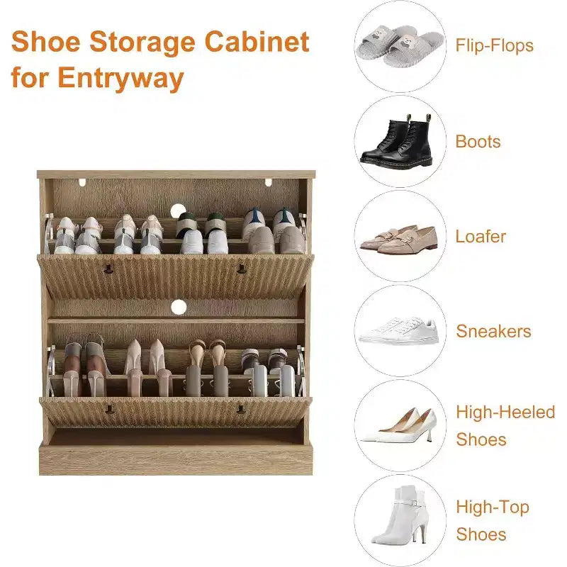 Fluted Shoe Cabinet with 2 Flip Drawers, Black / Natural Oak / Walnut, Holds 16 Pairs