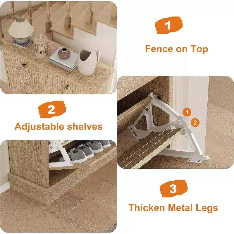 Fluted Shoe Cabinet with 2 Flip Drawers, Black / Natural Oak / Walnut, Holds 16 Pairs