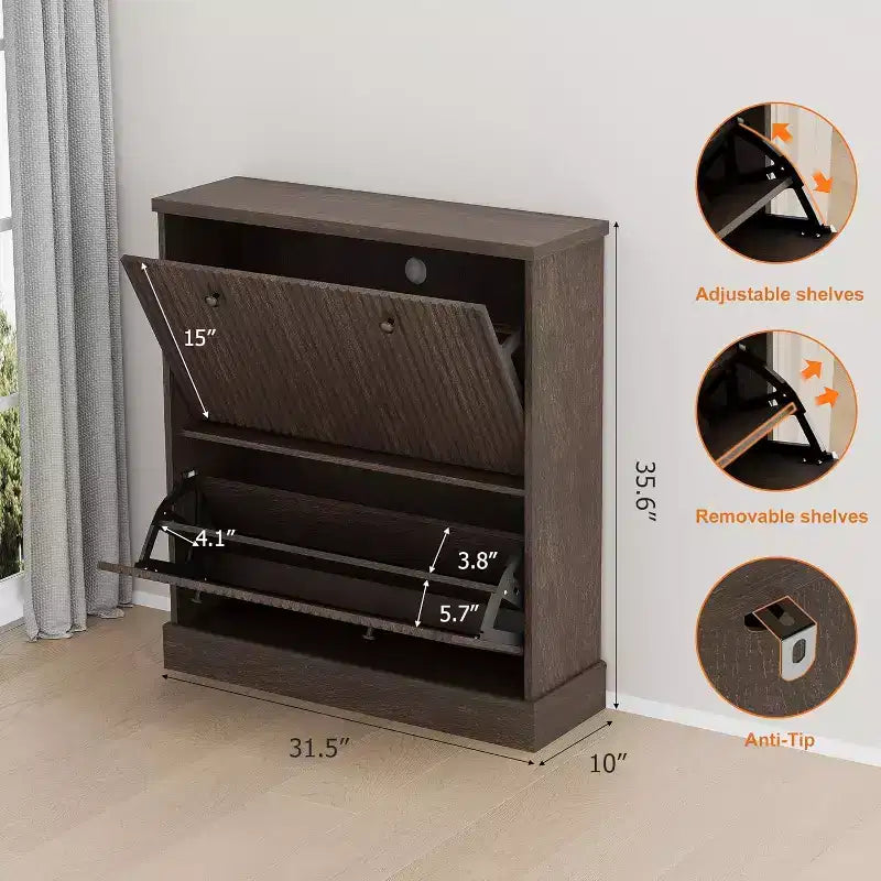 Fluted Shoe Cabinet with 2 Flip Drawers, Black / Natural Oak / Walnut, Holds 16 Pairs