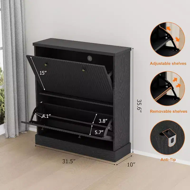 Fluted Shoe Cabinet with 2 Flip Drawers, Black / Natural Oak / Walnut, Holds 16 Pairs
