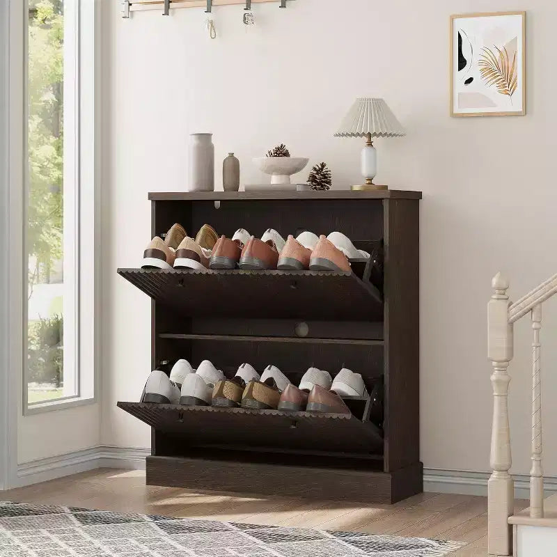 Fluted Shoe Cabinet with 2 Flip Drawers, Black / Natural Oak / Walnut, Holds 16 Pairs