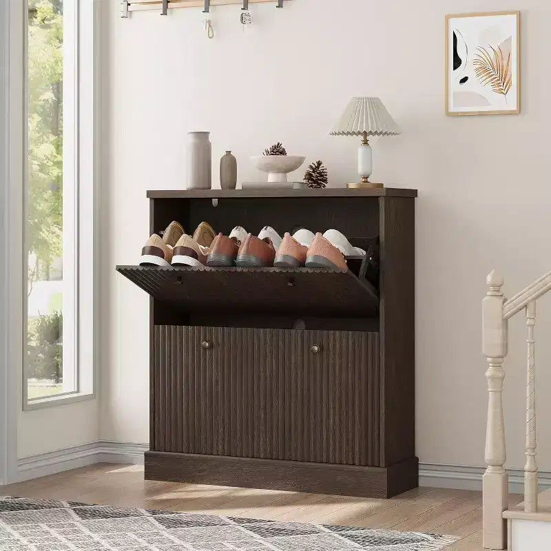 Fluted Shoe Cabinet with 2 Flip Drawers, Black / Natural Oak / Walnut, Holds 16 Pairs