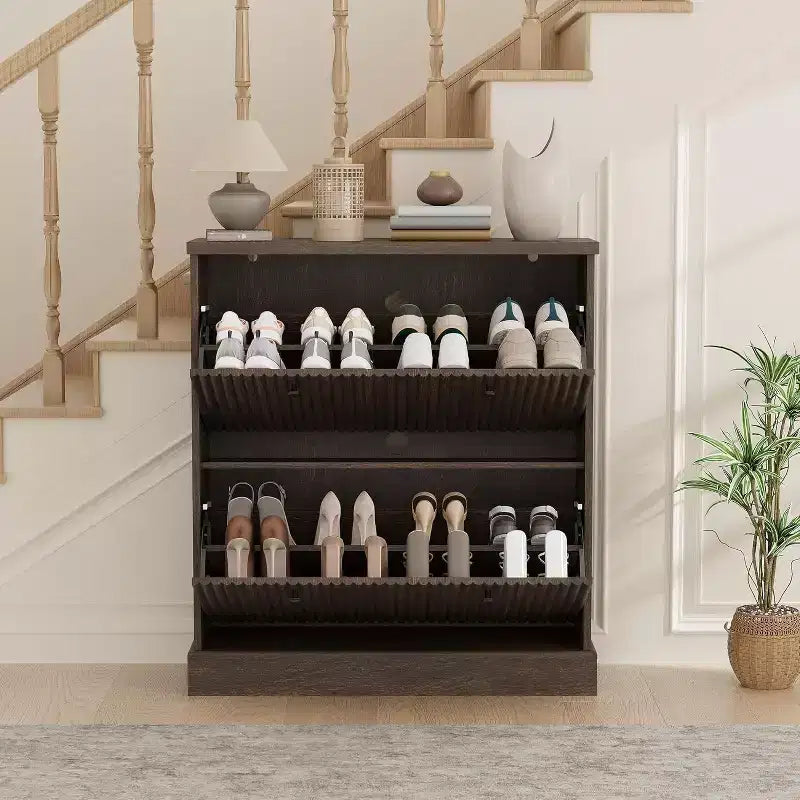 Fluted Shoe Cabinet with 2 Flip Drawers, Black / Natural Oak / Walnut, Holds 16 Pairs