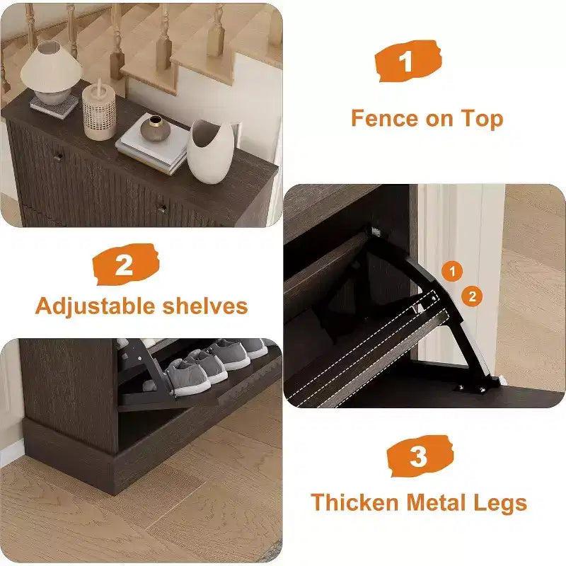 Fluted Shoe Cabinet with 2 Flip Drawers, Black / Natural Oak / Walnut, Holds 16 Pairs