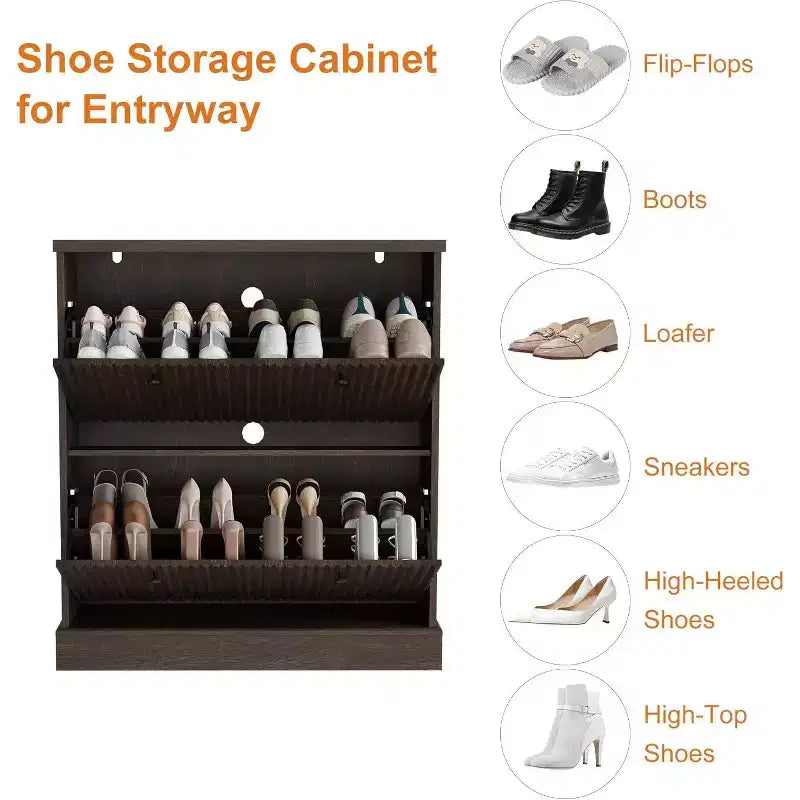 Fluted Shoe Cabinet with 2 Flip Drawers, Black / Natural Oak / Walnut, Holds 16 Pairs