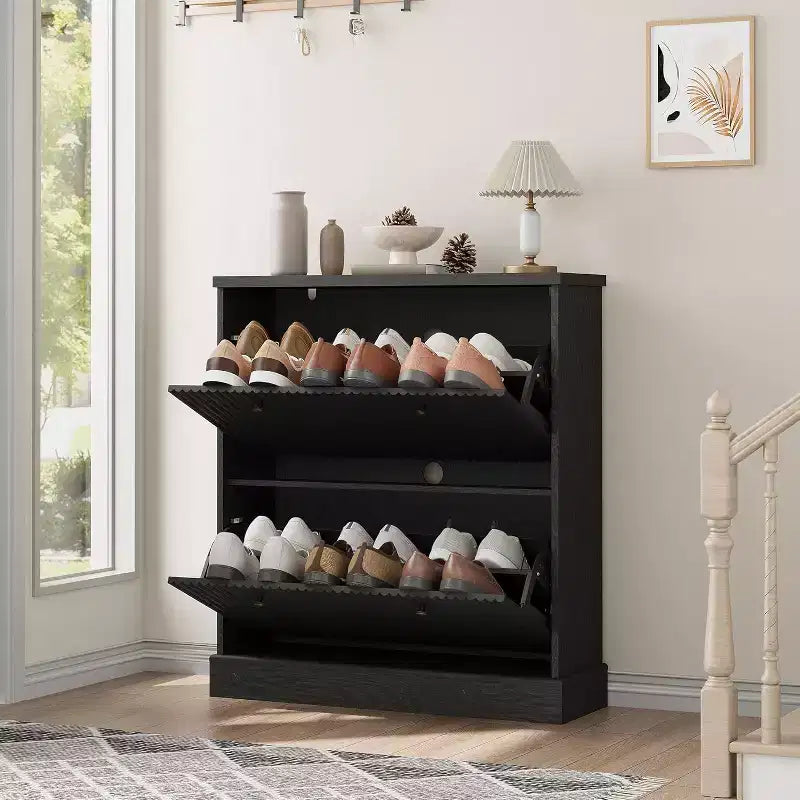 Fluted Shoe Cabinet with 2 Flip Drawers, Black / Natural Oak / Walnut, Holds 16 Pairs