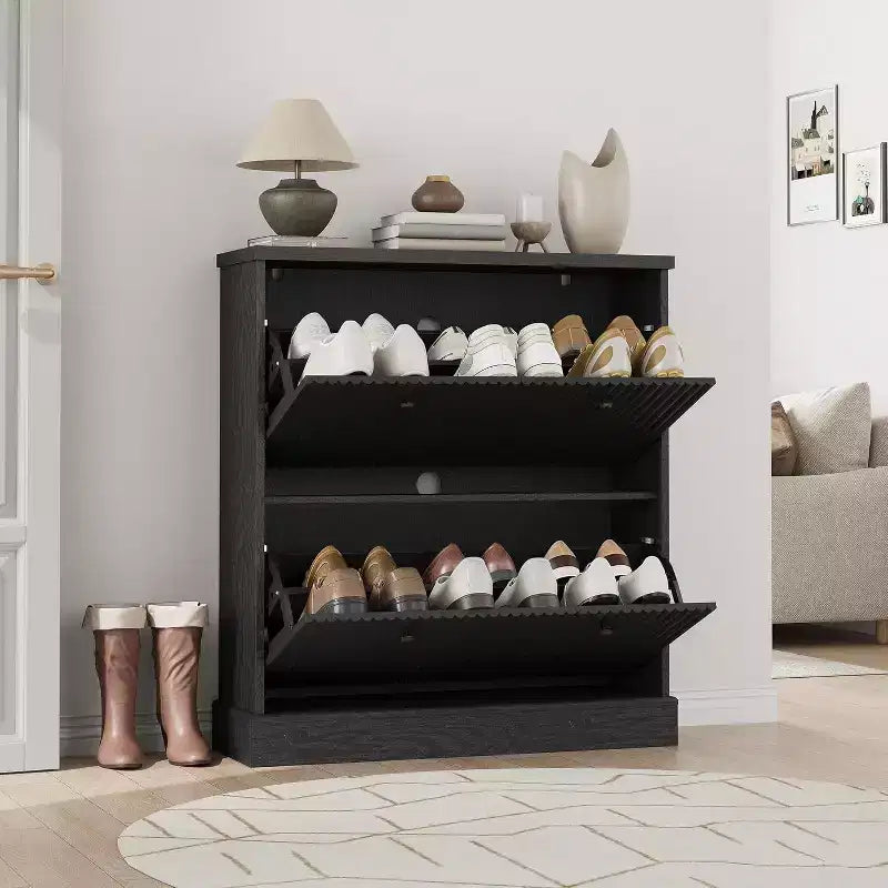 Fluted Shoe Cabinet with 2 Flip Drawers, Black / Natural Oak / Walnut, Holds 16 Pairs