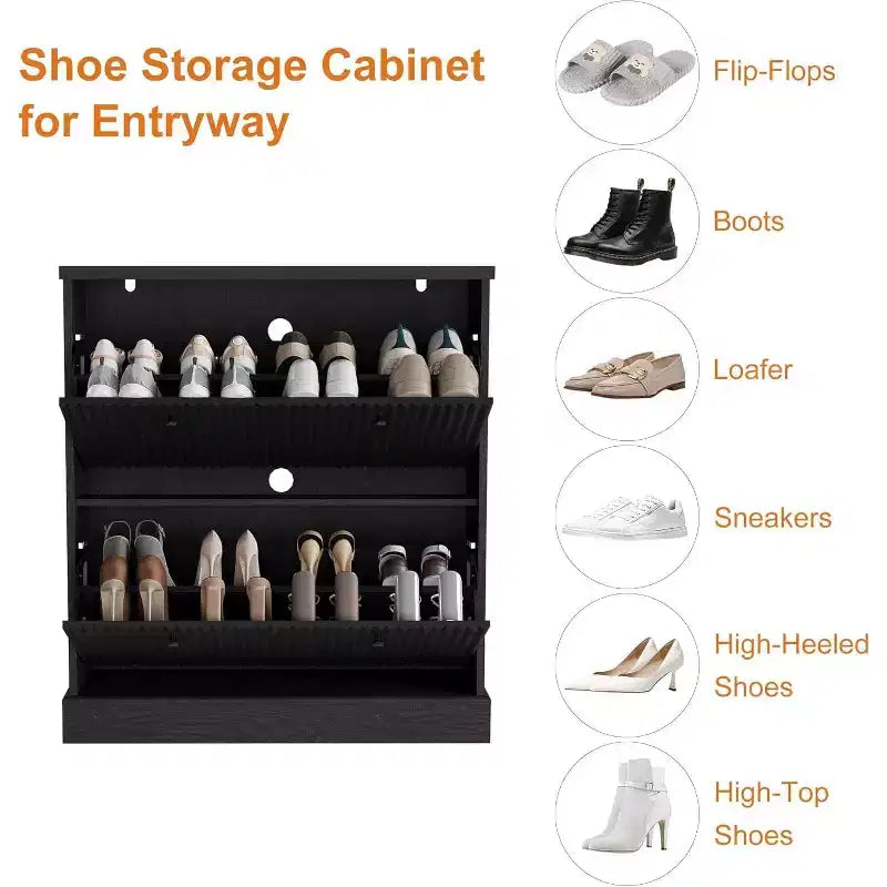 Fluted Shoe Cabinet with 2 Flip Drawers, Black / Natural Oak / Walnut, Holds 16 Pairs