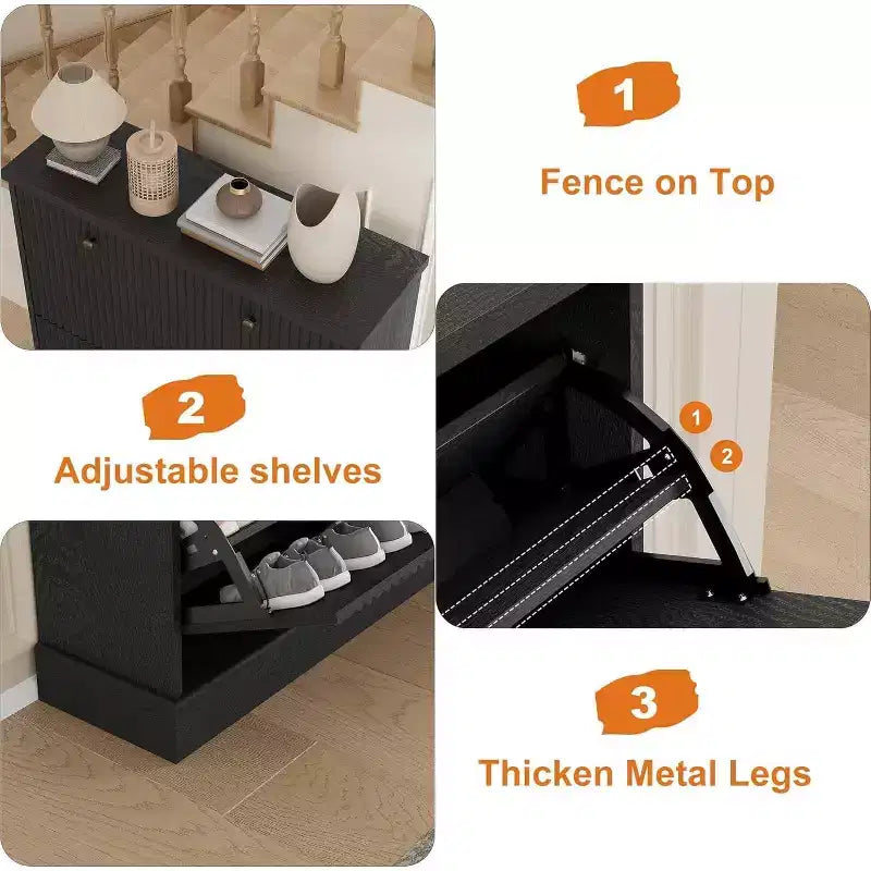 Fluted Shoe Cabinet with 2 Flip Drawers, Black / Natural Oak / Walnut, Holds 16 Pairs