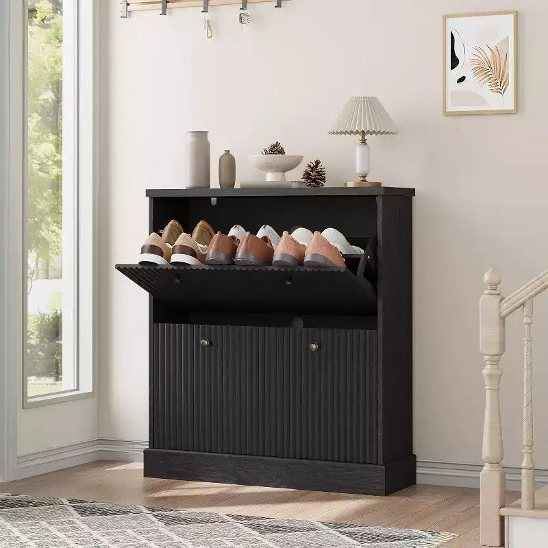 31.5 Fluted Shoe Cabinet with 2 Flip Drawers - Narrow Entryway Organizer with Adjustable Shelves for Hallway Bedroom