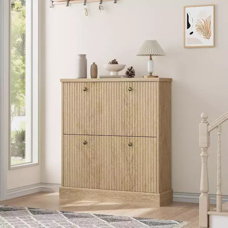 Fluted Shoe Cabinet with 2 Flip Drawers, Black / Natural Oak / Walnut, Holds 16 Pairs