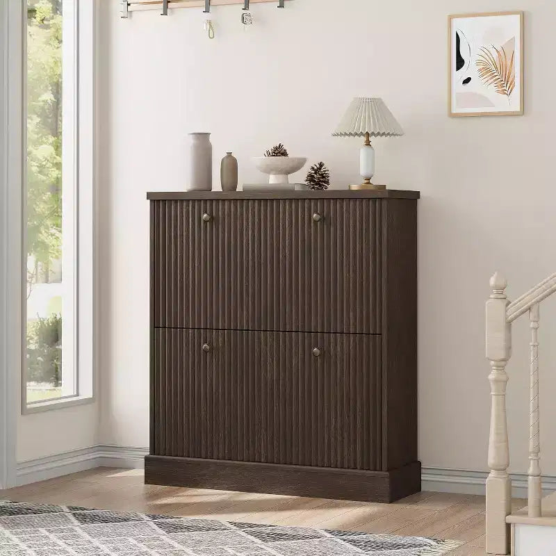 Fluted Shoe Cabinet with 2 Flip Drawers, Black / Natural Oak / Walnut, Holds 16 Pairs