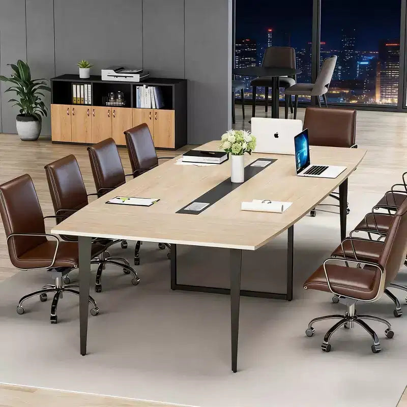 Brown & Black Boat-Shaped Conference Table, Seats 8