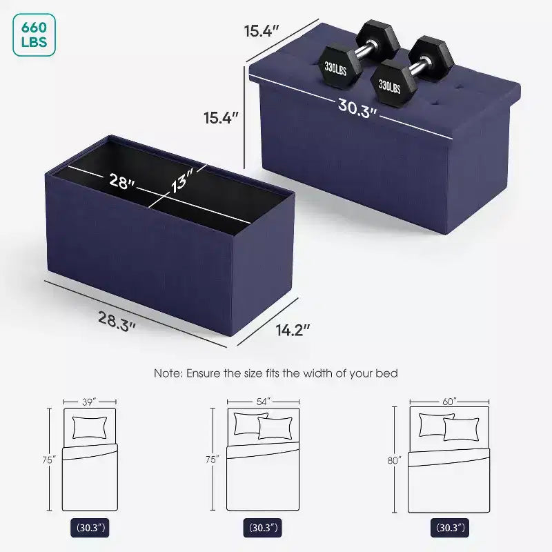 Black / Blue / Gray Folding Storage Ottoman Bench – 2-Person Seat