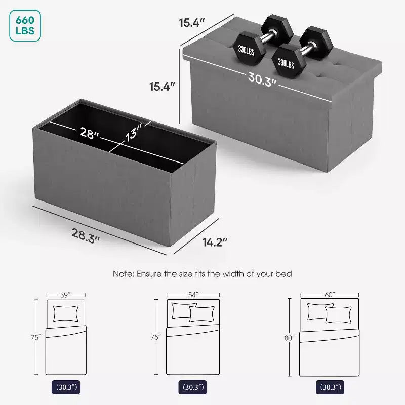 Black / Blue / Gray Folding Storage Ottoman Bench – 2-Person Seat