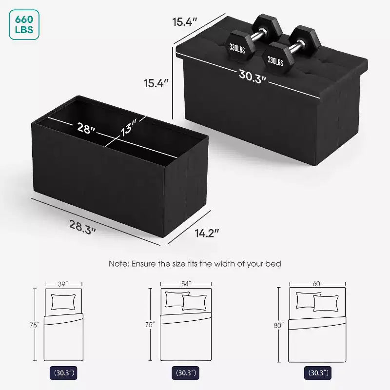 Black / Blue / Gray Folding Storage Ottoman Bench – 2-Person Seat