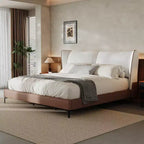 Letto con Piattaforma e Testiera ad Ali in Similpelle Grigia e Pile Teddy – Queen, 2 Posti