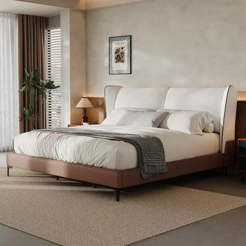 Gray Faux Leather & Teddy Fleece Wingback Platform Bed – Queen, 2-Person