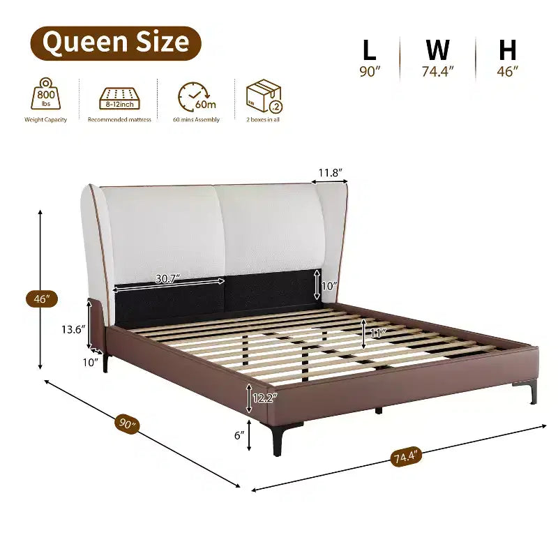 Gray Faux Leather & Teddy Fleece Wingback Platform Bed – Queen, 2-Person