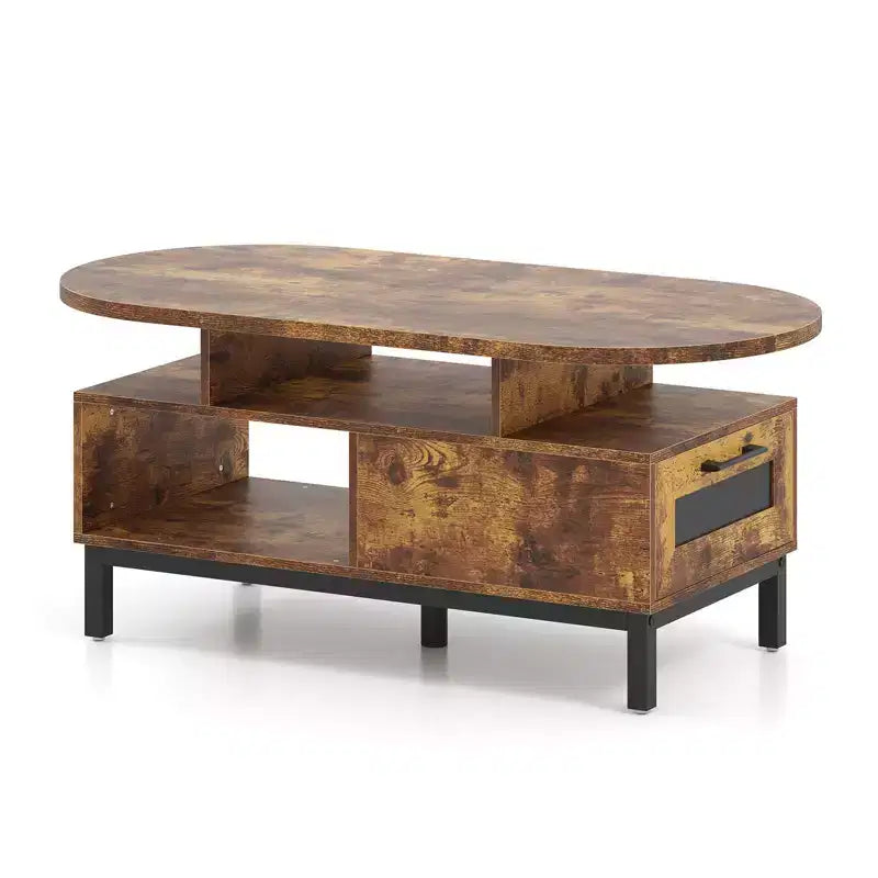 Brown/Natural Oval Coffee Table with Drawer & 4 Open Compartments