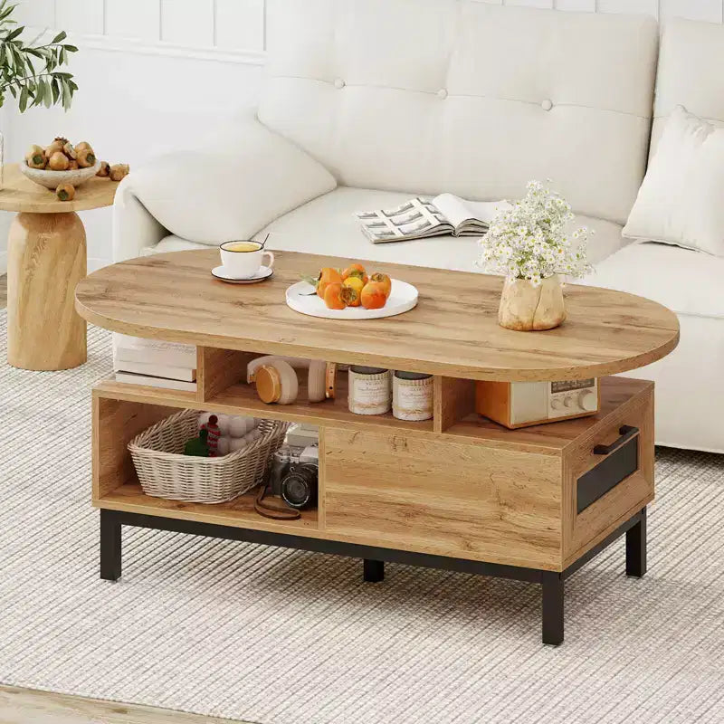 Brown/Natural Oval Coffee Table with Drawer & 4 Open Compartments