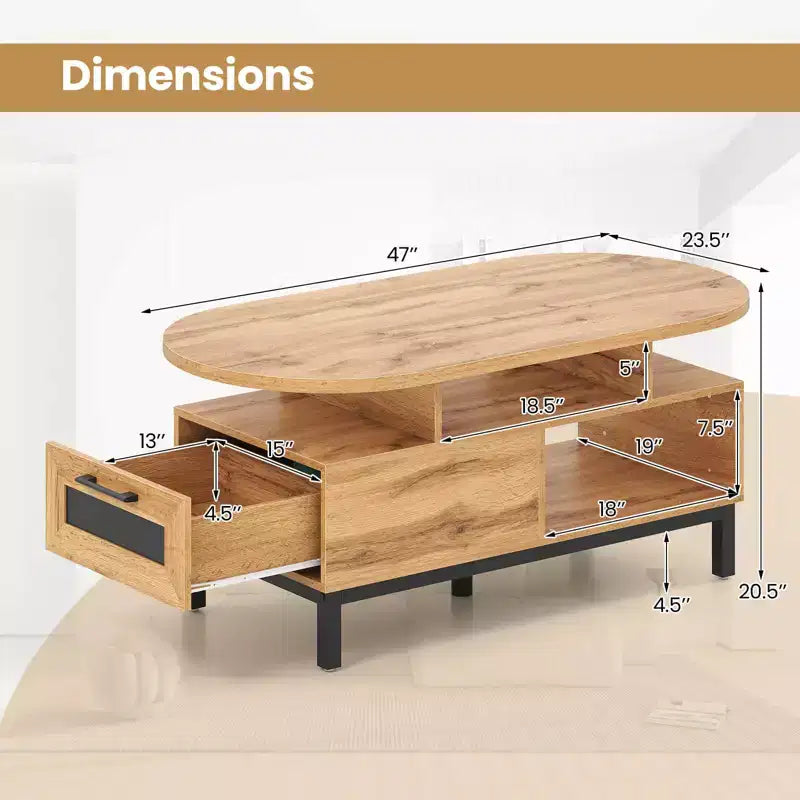 Brown/Natural Oval Coffee Table with Drawer & 4 Open Compartments