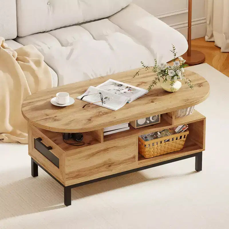 Brown/Natural Oval Coffee Table with Drawer & 4 Open Compartments