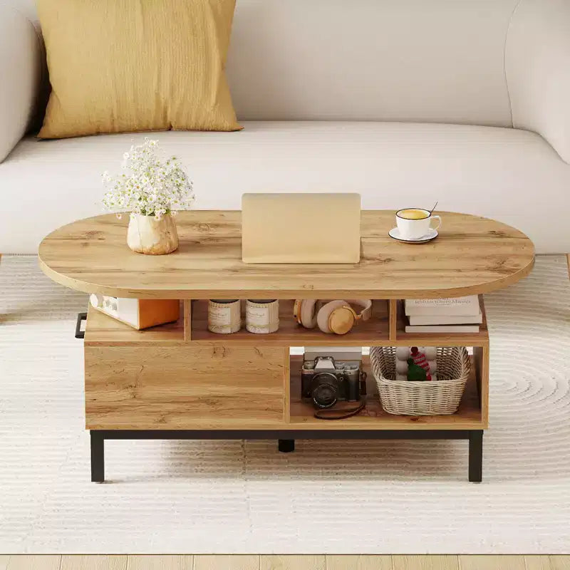 Brown/Natural Oval Coffee Table with Drawer & 4 Open Compartments