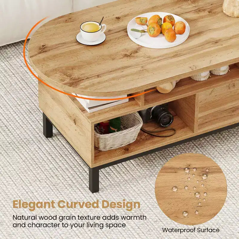 Brown/Natural Oval Coffee Table with Drawer & 4 Open Compartments