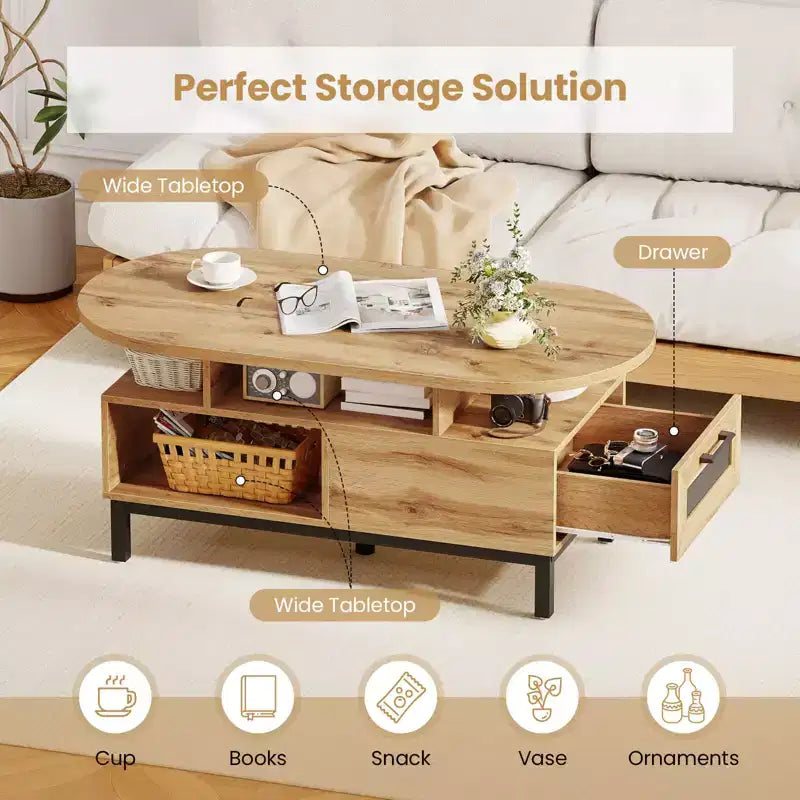 Brown/Natural Oval Coffee Table with Drawer & 4 Open Compartments
