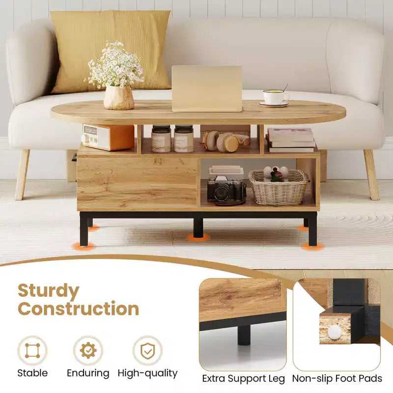 Brown/Natural Oval Coffee Table with Drawer & 4 Open Compartments