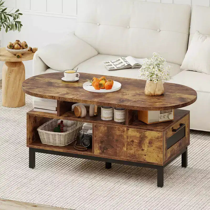 Brown/Natural Oval Coffee Table with Drawer & 4 Open Compartments