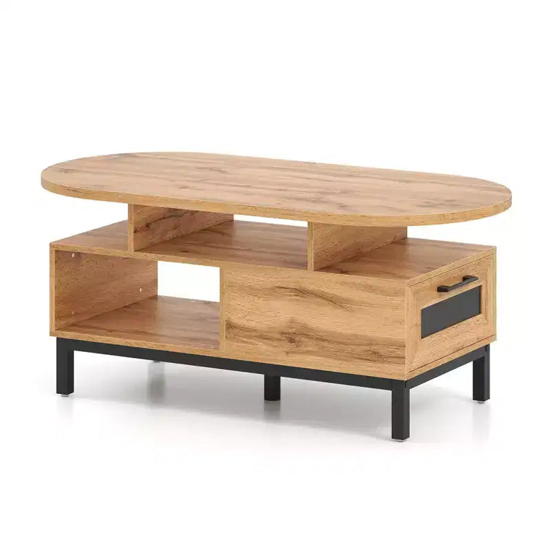 Brown/Natural Oval Coffee Table with Drawer & 4 Open Compartments