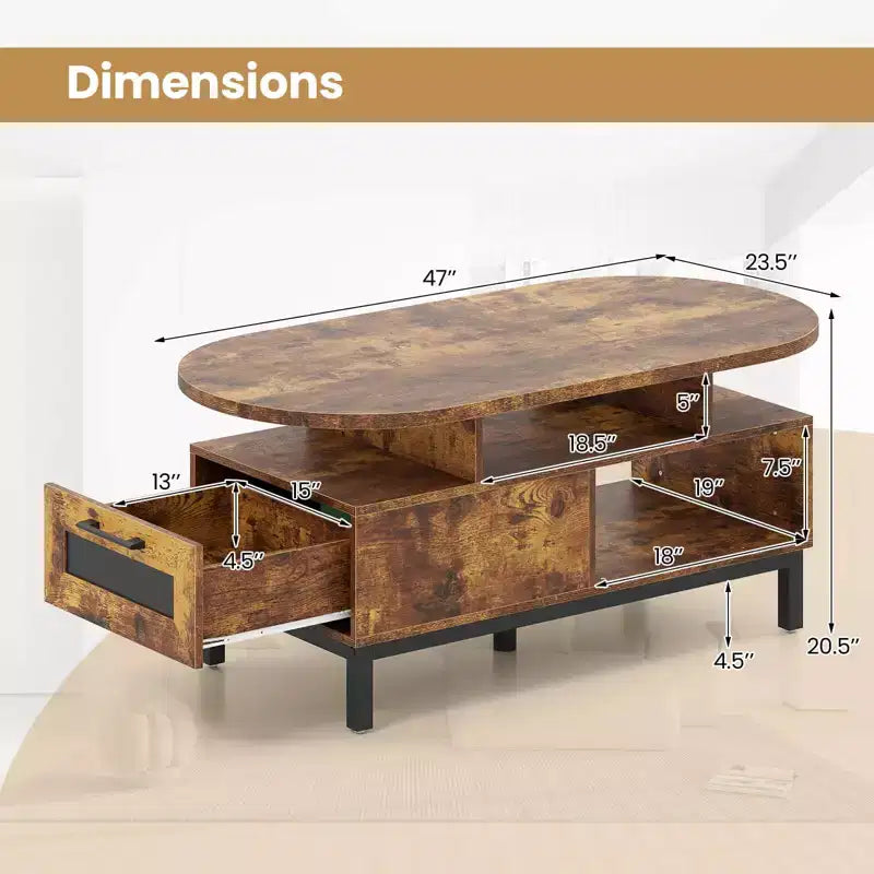 Brown/Natural Oval Coffee Table with Drawer & 4 Open Compartments