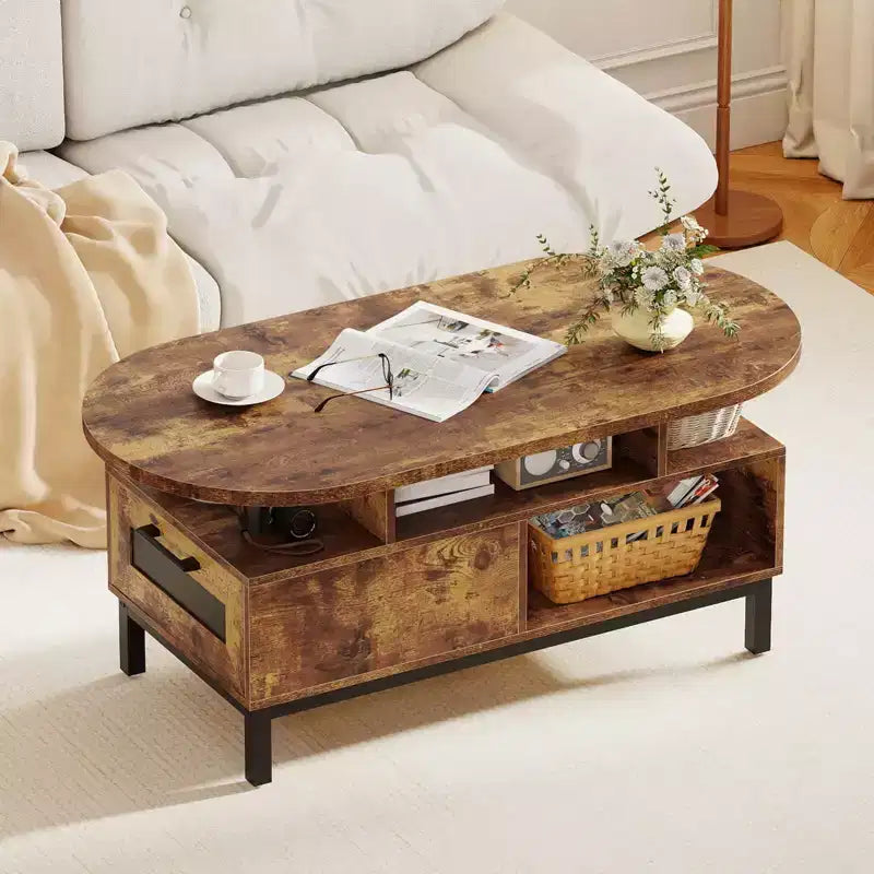 Brown/Natural Oval Coffee Table with Drawer & 4 Open Compartments