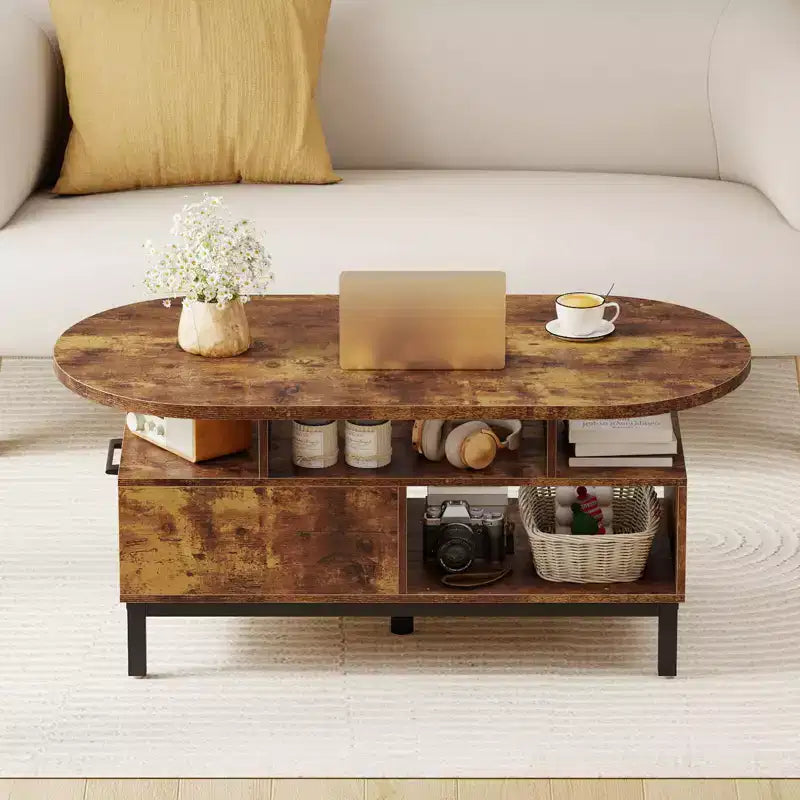 Brown/Natural Oval Coffee Table with Drawer & 4 Open Compartments