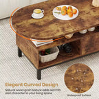 Tavolino da caffè ovale marrone/naturale con cassetto e 4 scomparti aperti