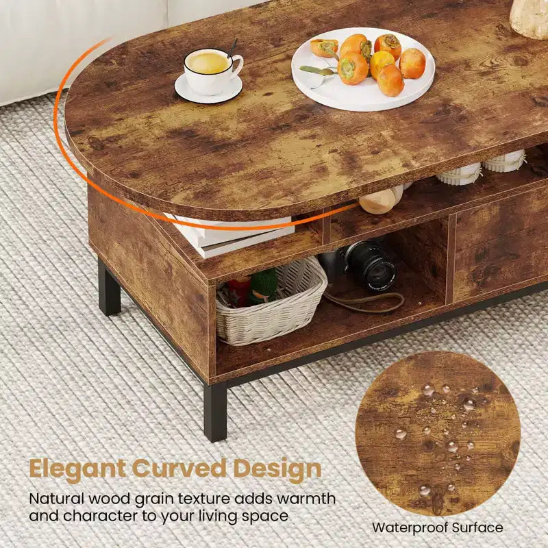 Brown/Natural Oval Coffee Table with Drawer & 4 Open Compartments