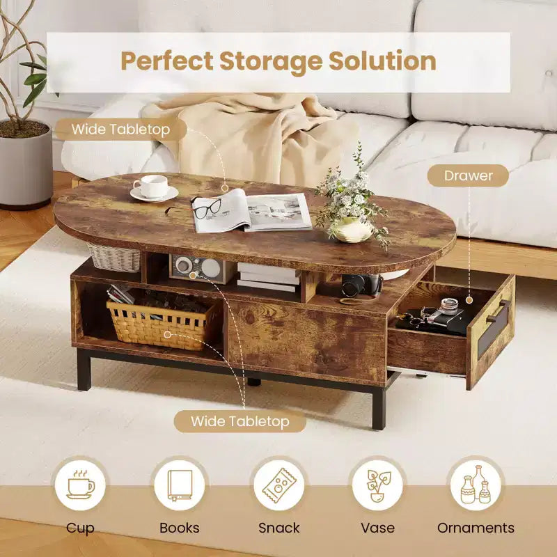 Brown/Natural Oval Coffee Table with Drawer & 4 Open Compartments