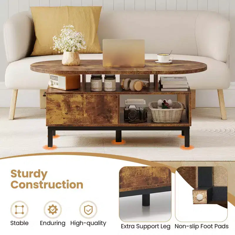 Brown/Natural Oval Coffee Table with Drawer & 4 Open Compartments