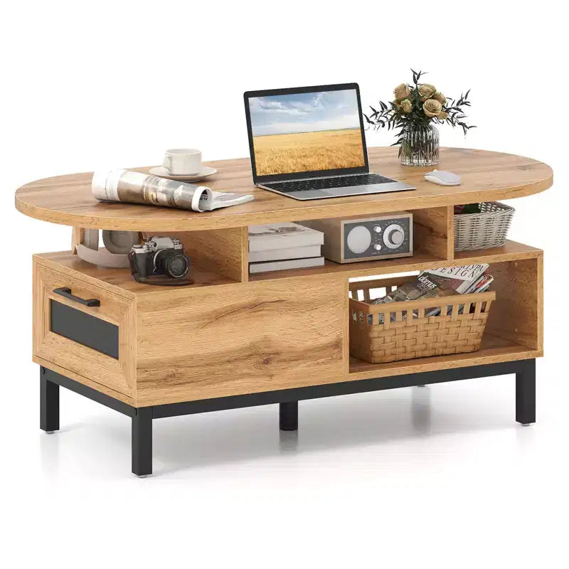 Brown/Natural Oval Coffee Table with Drawer & 4 Open Compartments